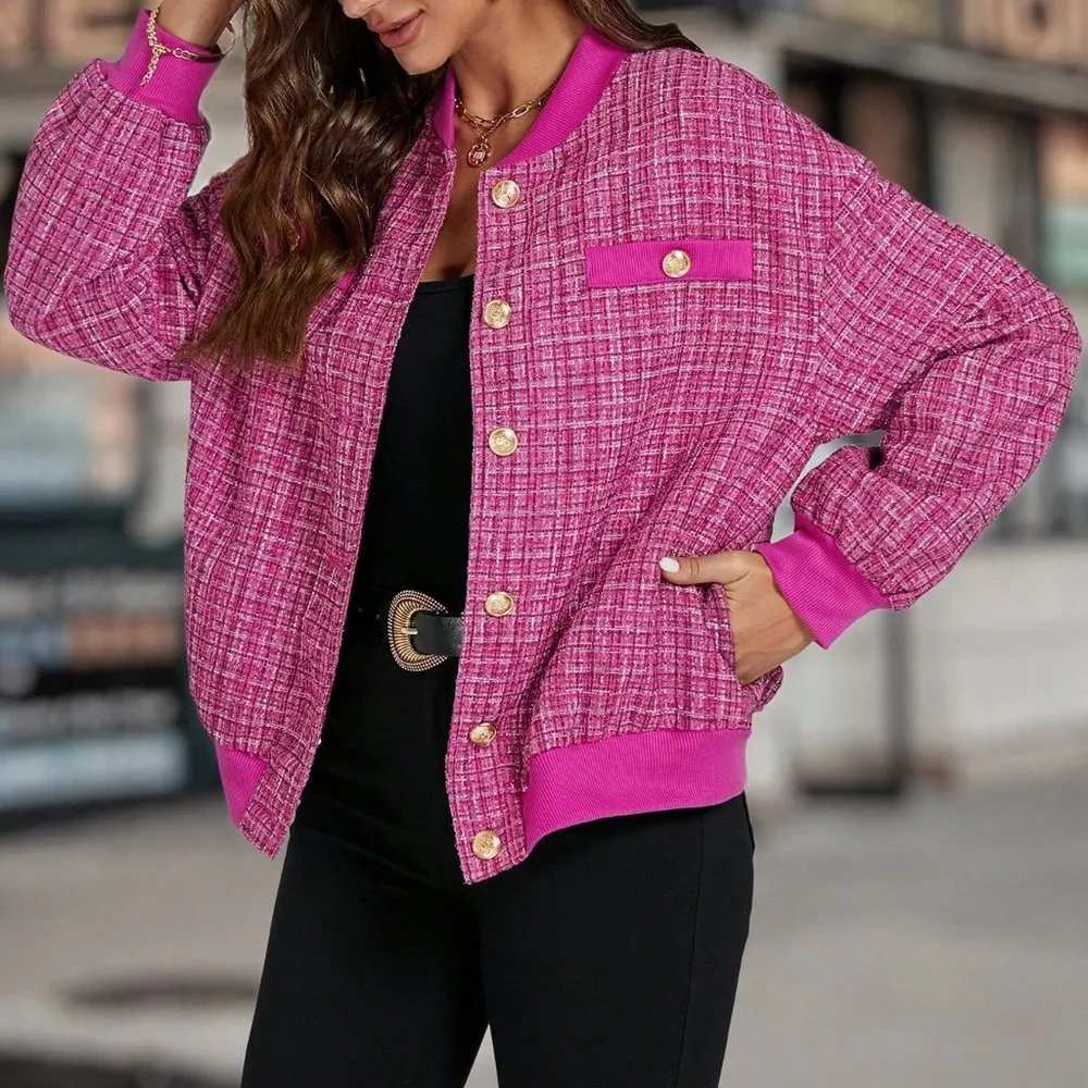 Pink Preppy Womens Plaid Pattern Drop Shoulder Tweed Overcoat - Picture 5 of 5